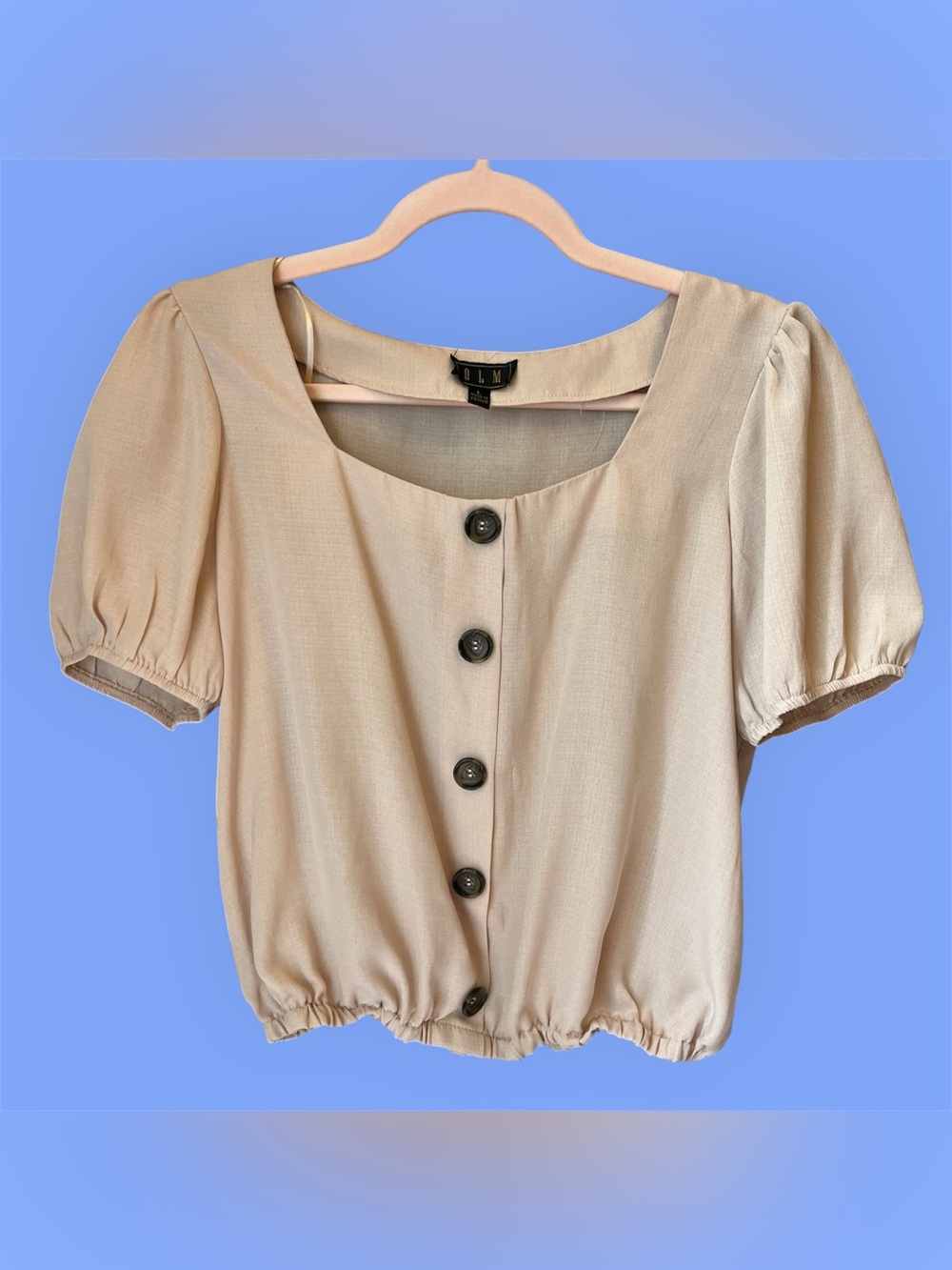 OLM Beige Puff Sleeve Button Front Crop Blouse | Size Large